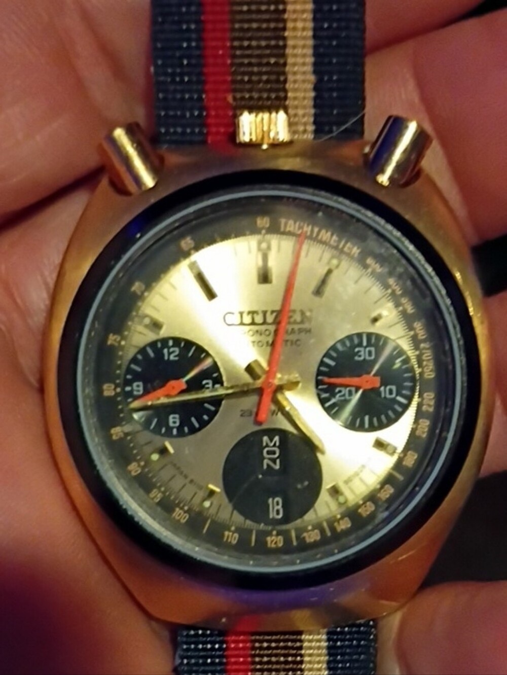Citizen Gold Tone Chronograph Watch with Blue, Red, Cream Strap